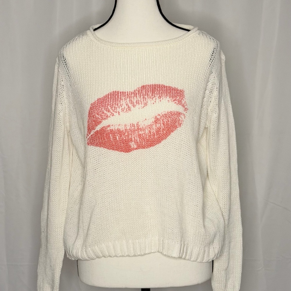Wooden Ships Lip Print  Knit Sweater White XS Lightweight Cotton Pullover Top